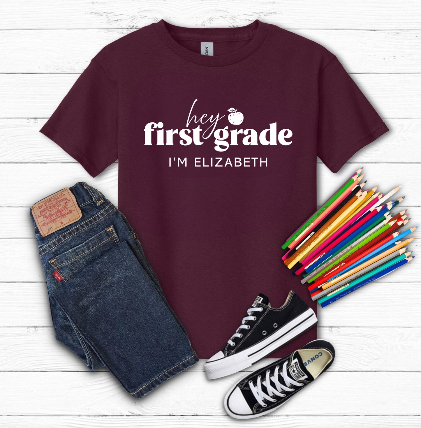 Hey First Grade Personalized Kids Back to School Shirt