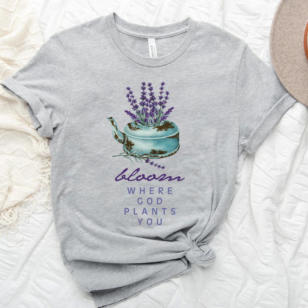 Bloom Where God Plants You | Lavender Teapot Watercolor Inspirational Christian Tee | Garden Lover Gift | Faith & Floral