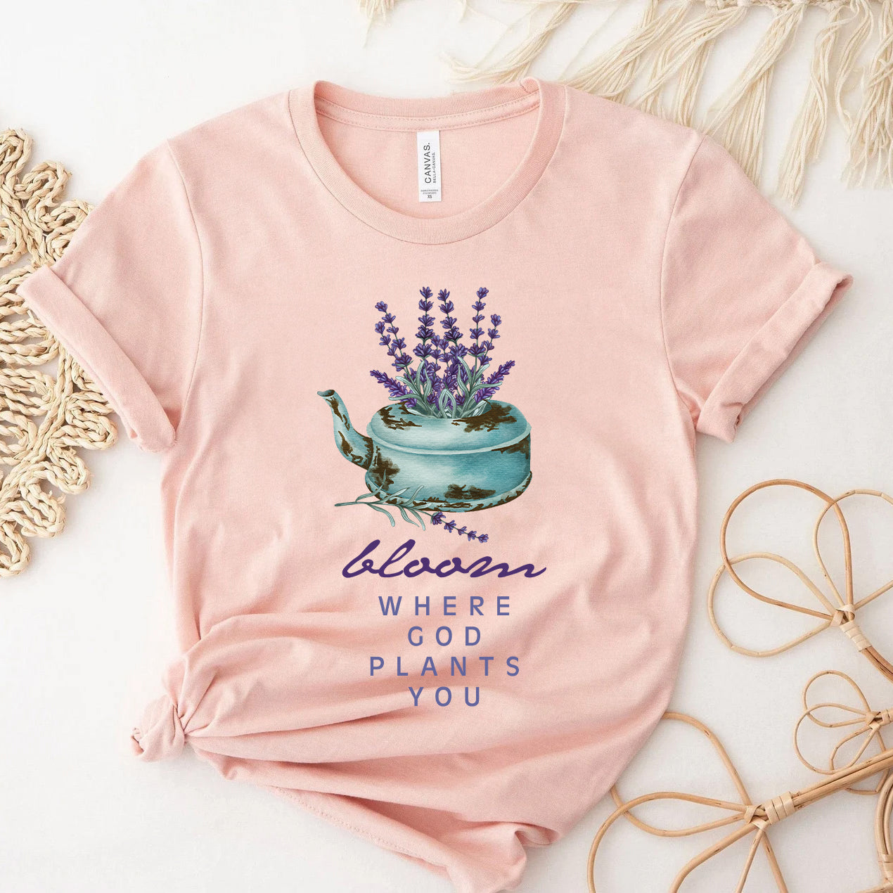 Bloom Where God Plants You | Lavender Teapot Watercolor Inspirational Christian Tee | Garden Lover Gift | Faith & Floral