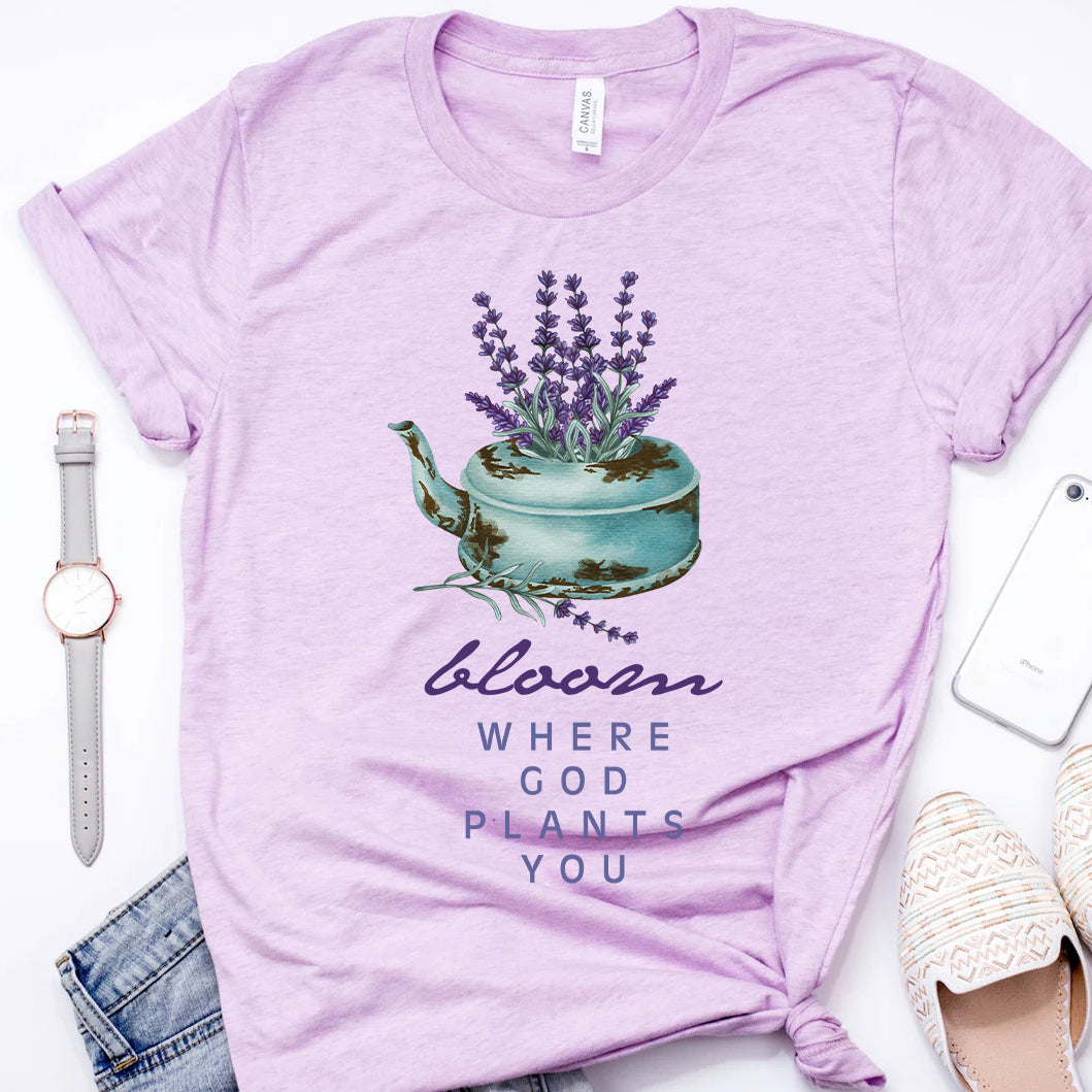 Bloom Where God Plants You | Lavender Teapot Watercolor Inspirational Christian Tee | Garden Lover Gift | Faith & Floral