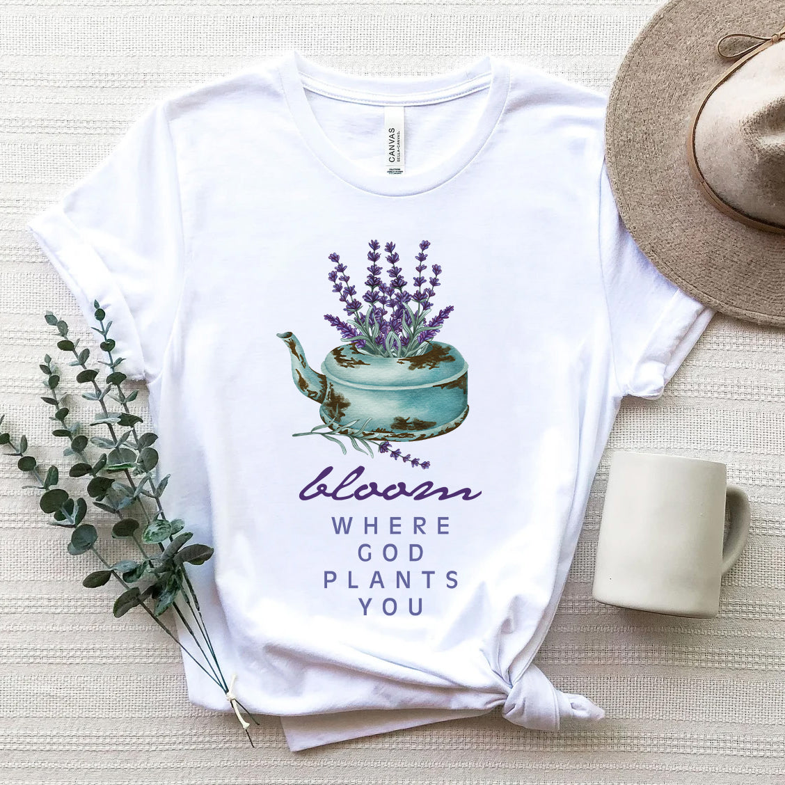 Bloom Where God Plants You | Lavender Teapot Watercolor Inspirational Christian Tee | Garden Lover Gift | Faith & Floral