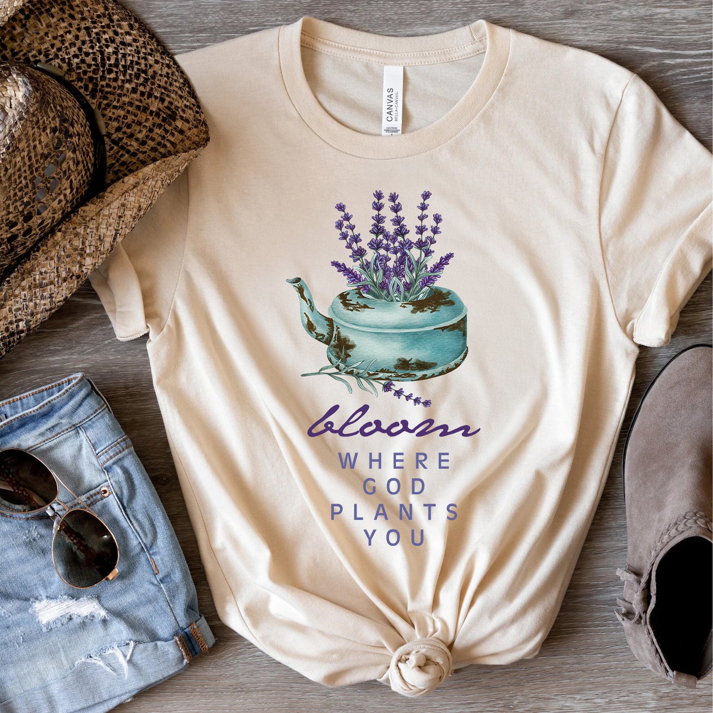 Bloom Where God Plants You | Lavender Teapot Watercolor Inspirational Christian Tee | Garden Lover Gift | Faith & Floral