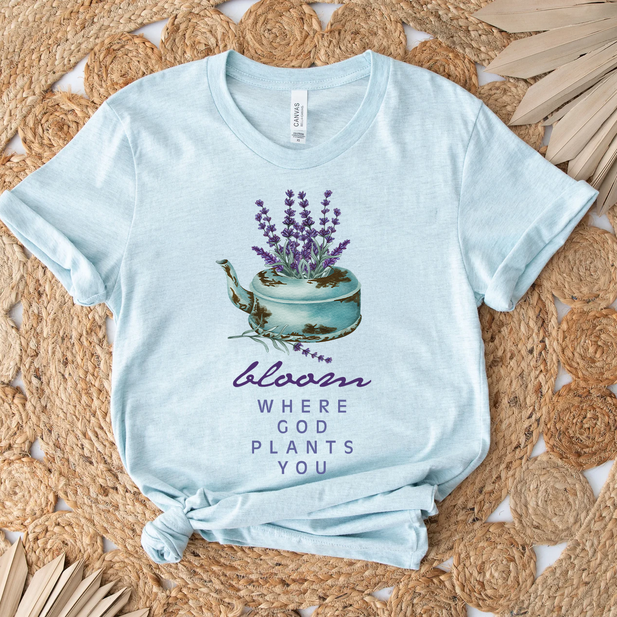 Bloom Where God Plants You | Lavender Teapot Watercolor Inspirational Christian Tee | Garden Lover Gift | Faith & Floral