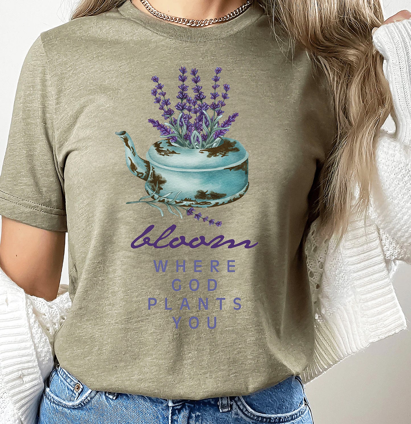 Bloom Where God Plants You | Lavender Teapot Watercolor Inspirational Christian Tee | Garden Lover Gift | Faith & Floral