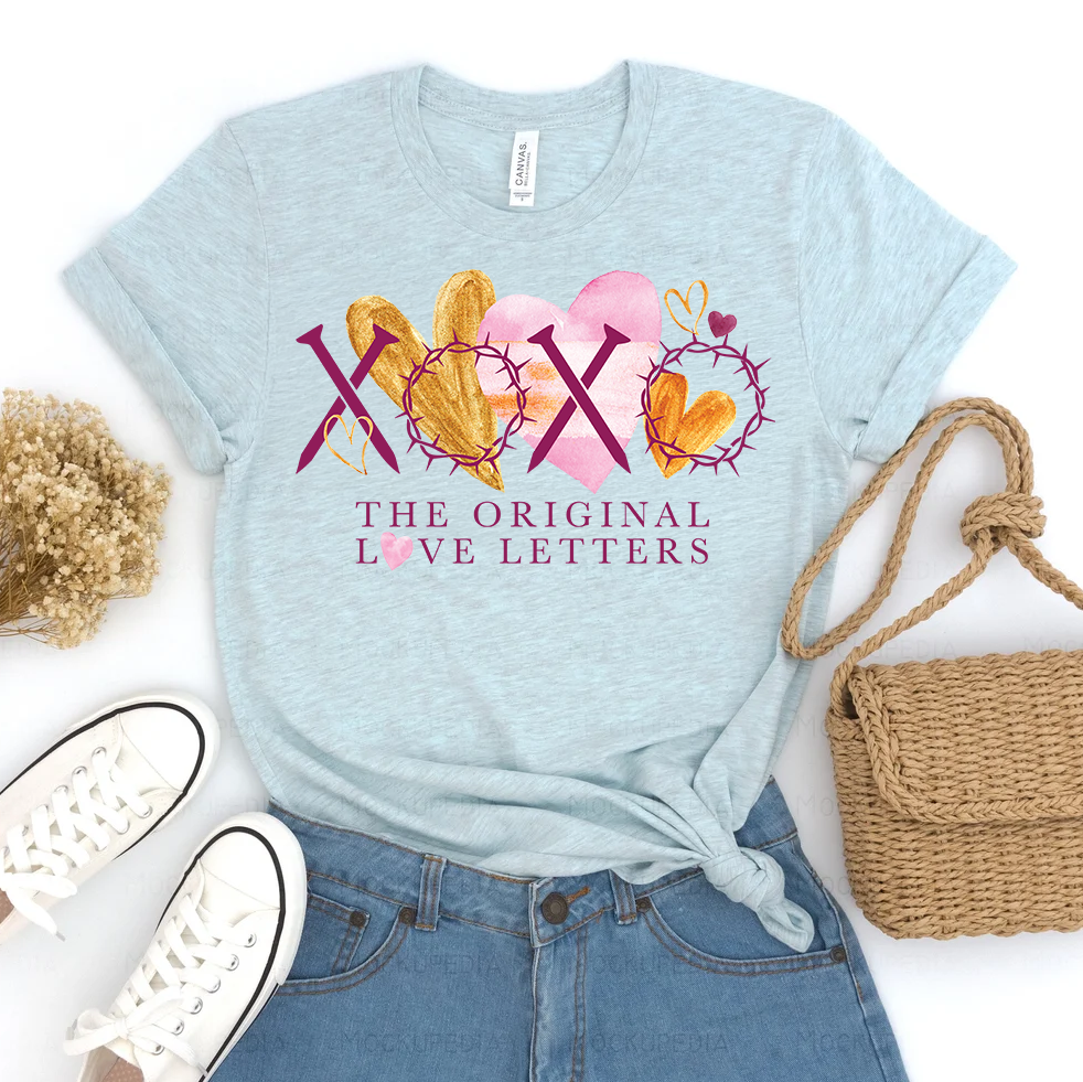 Valentine’s Day Christian Shirt | XOXO The Original Love Letters with Nails & Crown of Thorns | Gold & Pink Watercolor Hearts