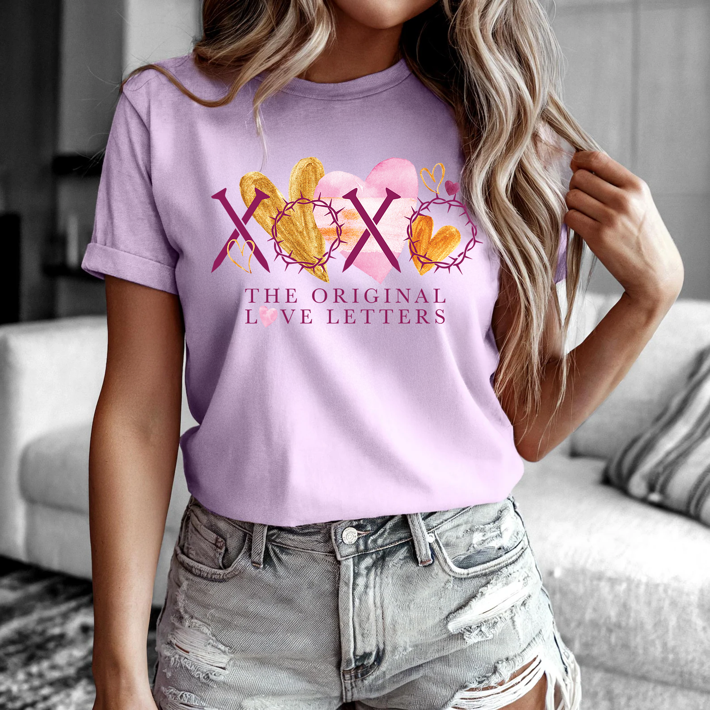 Valentine’s Day Christian Shirt | XOXO The Original Love Letters with Nails & Crown of Thorns | Gold & Pink Watercolor Hearts