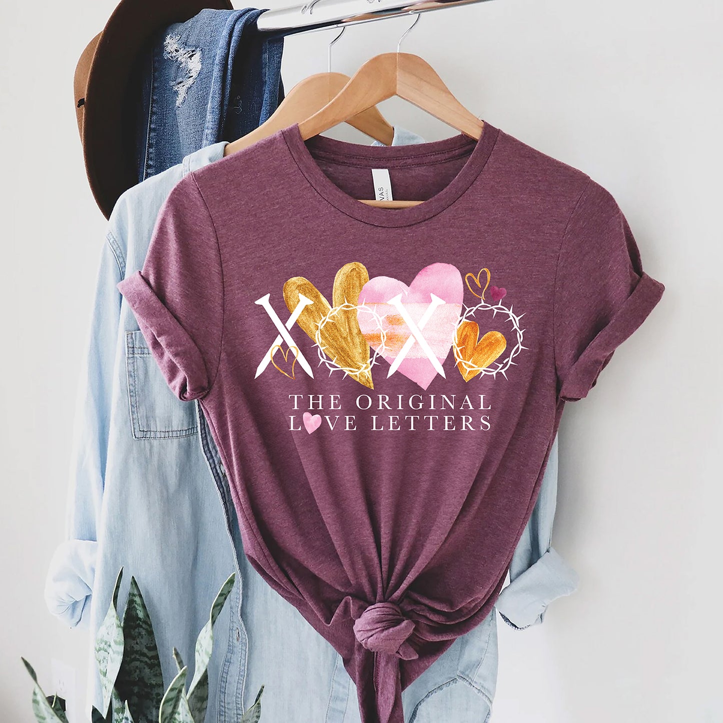 Valentine’s Day Christian Shirt | XOXO The Original Love Letters with Nails & Crown of Thorns | Gold & Pink Watercolor Hearts
