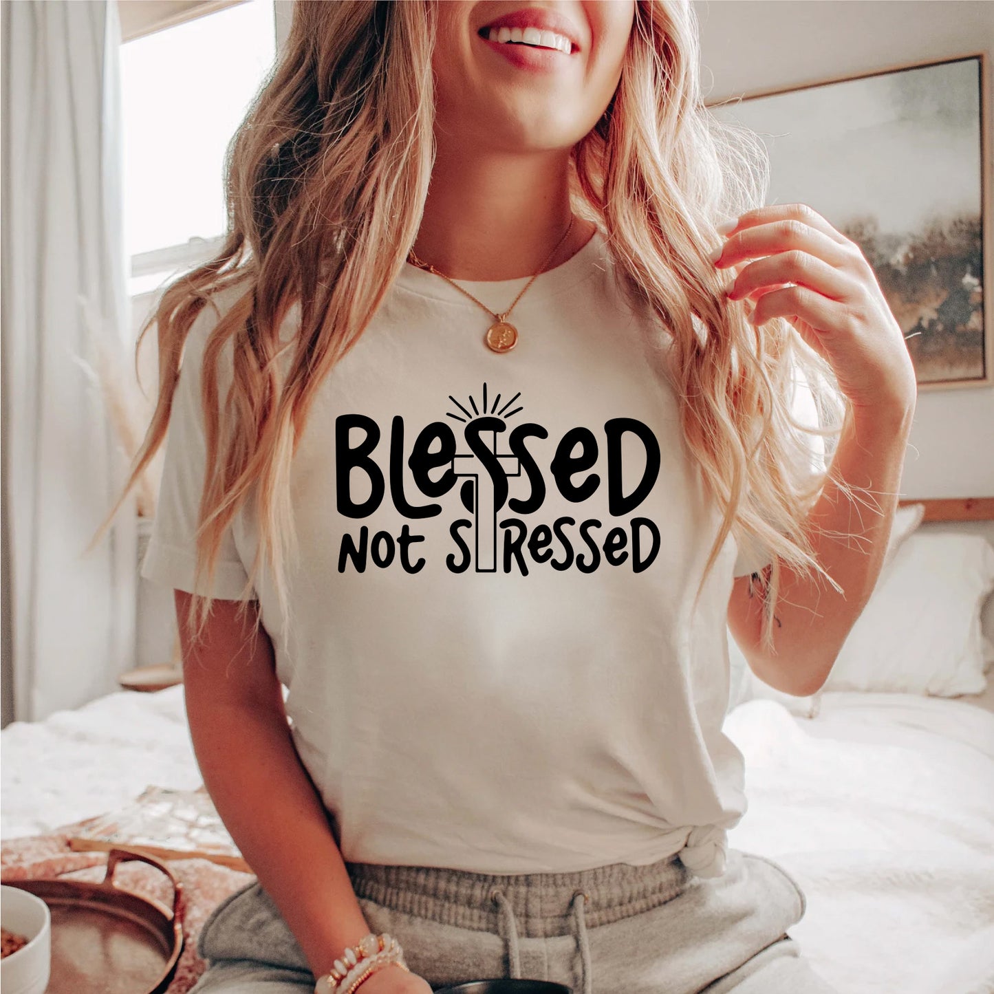 Blessed Not Stressed Shirt | Faith Graphic Tee | Christian Apparel | Inspirational T-Shirt | Gift for Her | Spiritual Clothing