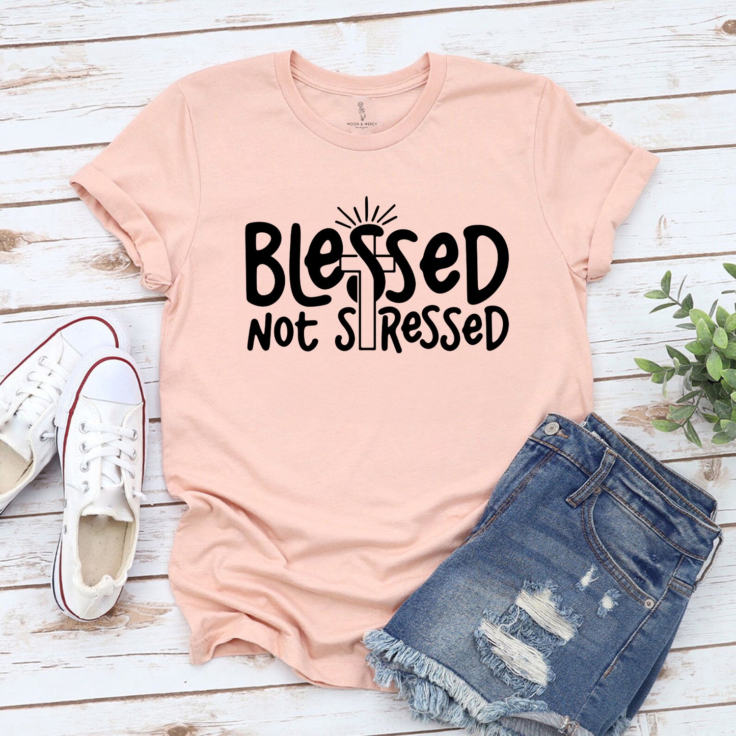 Blessed Not Stressed Shirt | Faith Graphic Tee | Christian Apparel | Inspirational T-Shirt | Gift for Her | Spiritual Clothing