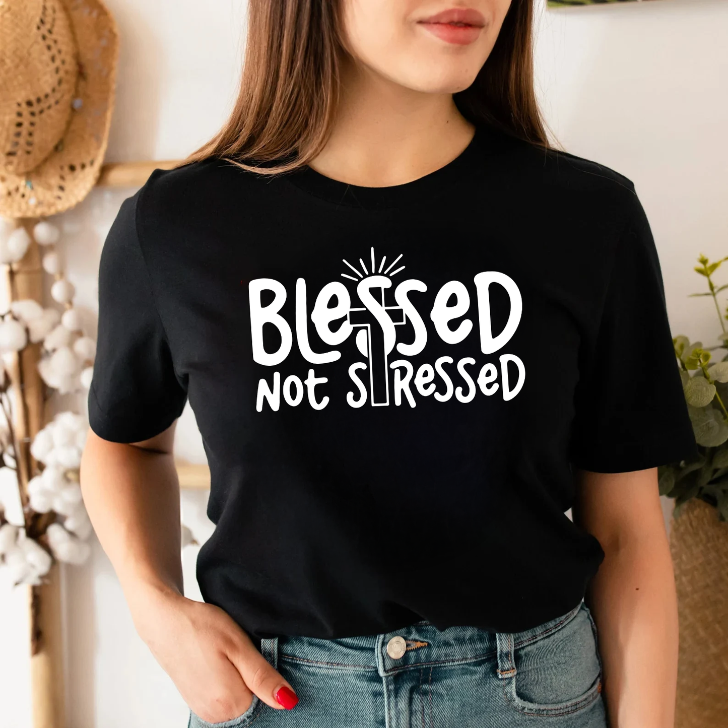 Blessed Not Stressed Shirt | Faith Graphic Tee | Christian Apparel | Inspirational T-Shirt | Gift for Her | Spiritual Clothing