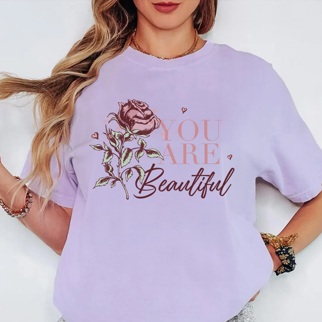 You Are Beautiful Valentines Tee | Romantic Floral Rose Design | Inspirational Love Shirt | Self-Love Gift