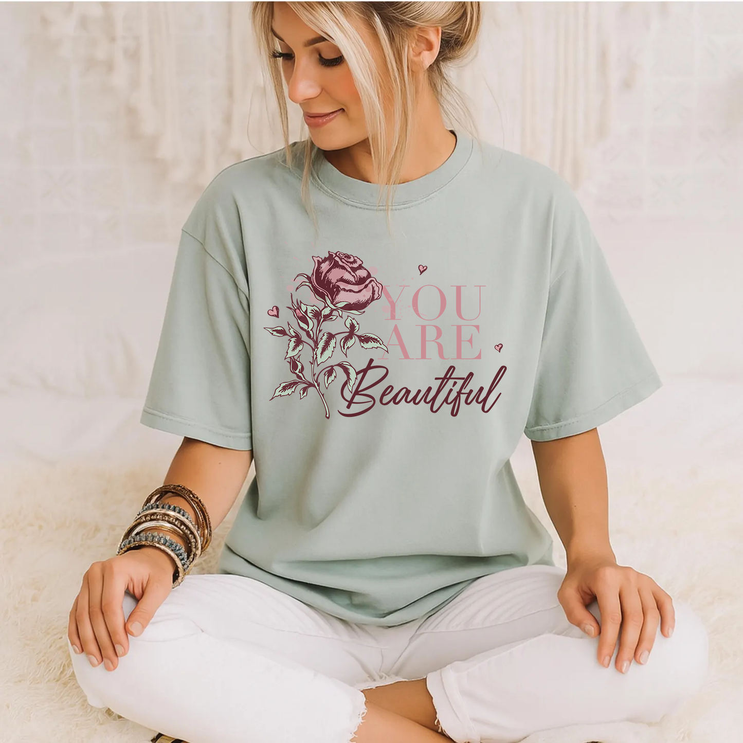 You Are Beautiful Valentines Tee | Romantic Floral Rose Design | Inspirational Love Shirt | Self-Love Gift