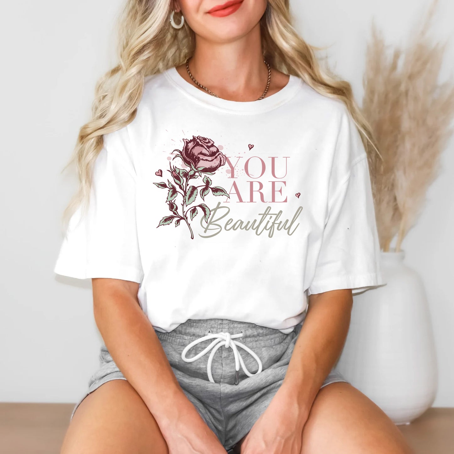 You Are Beautiful Valentines Tee | Romantic Floral Rose Design | Inspirational Love Shirt | Self-Love Gift