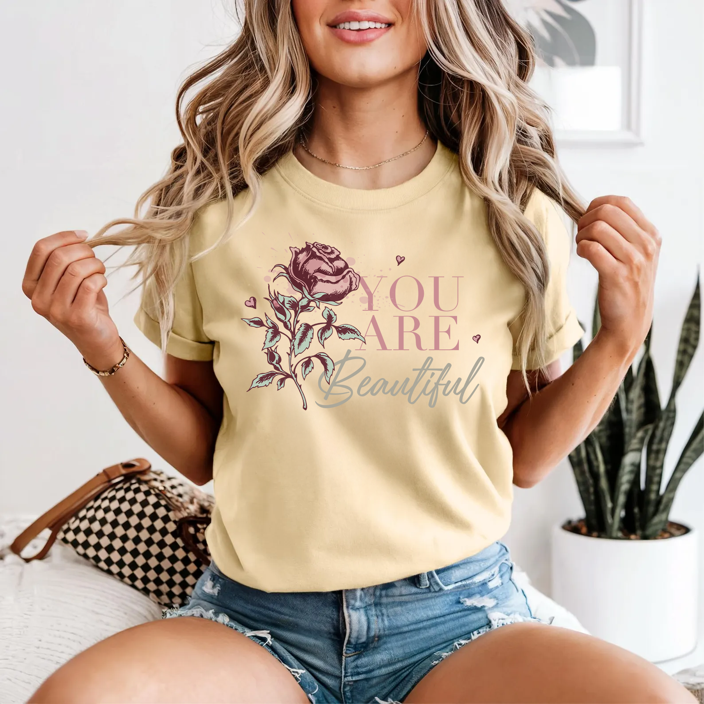 You Are Beautiful Valentines Tee | Romantic Floral Rose Design | Inspirational Love Shirt | Self-Love Gift