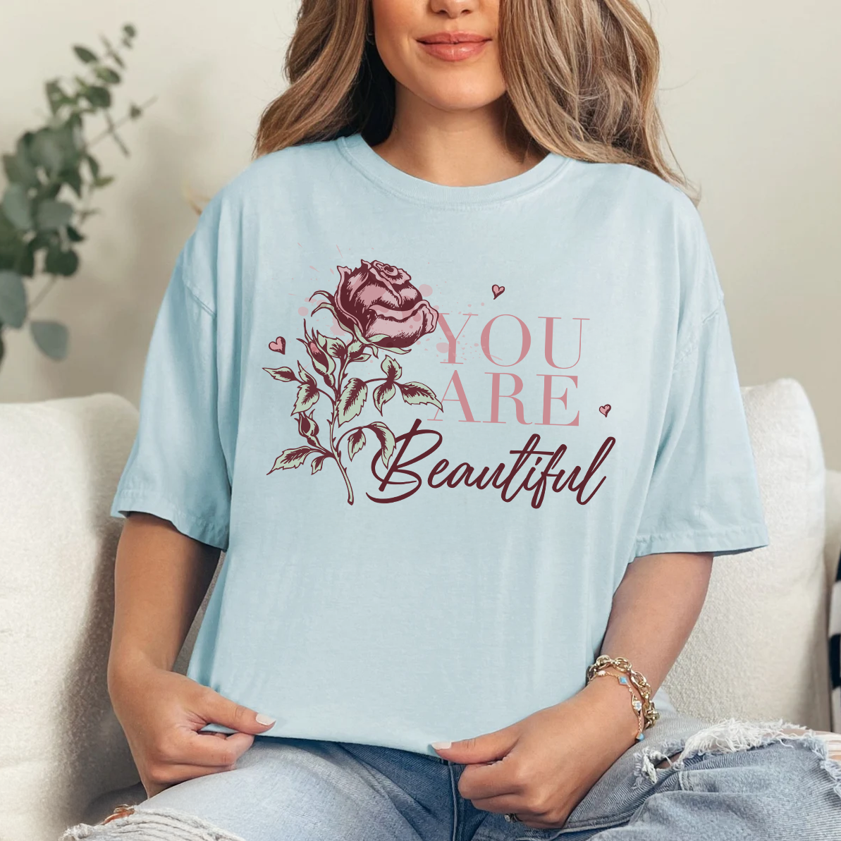 You Are Beautiful Valentines Tee | Romantic Floral Rose Design | Inspirational Love Shirt | Self-Love Gift