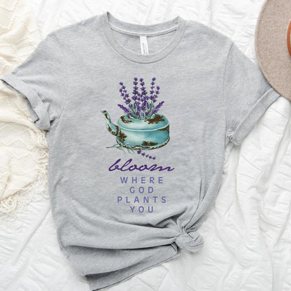 Bloom Where God Plants You | Lavender Teapot Watercolor Inspirational Christian Tee | Garden Lover Gift | Faith & Floral