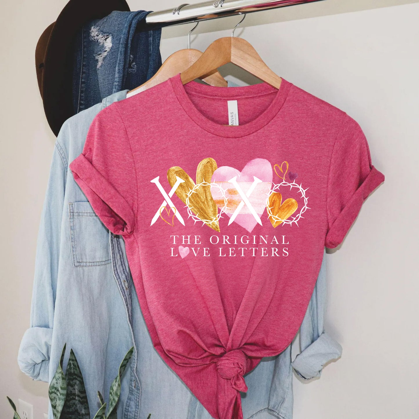 Valentine’s Day Christian Shirt | XOXO The Original Love Letters with Nails & Crown of Thorns | Gold & Pink Watercolor Hearts
