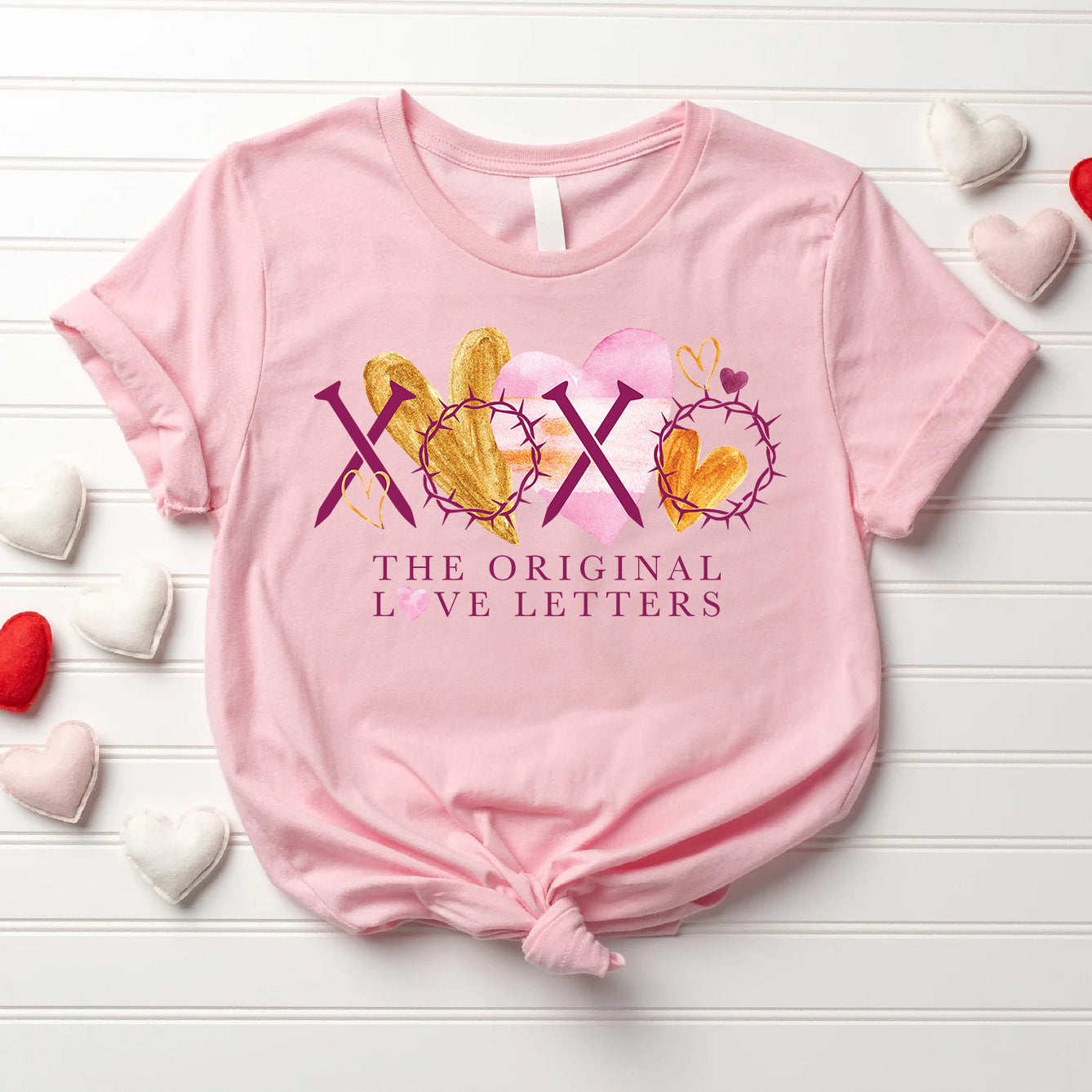 Valentine’s Day Christian Shirt | XOXO The Original Love Letters with Nails & Crown of Thorns | Gold & Pink Watercolor Hearts