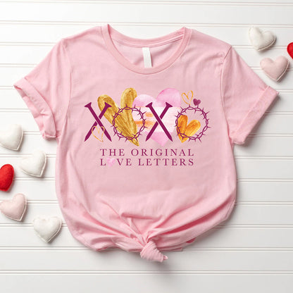 Valentine’s Day Christian Shirt | XOXO The Original Love Letters with Nails & Crown of Thorns | Gold & Pink Watercolor Hearts