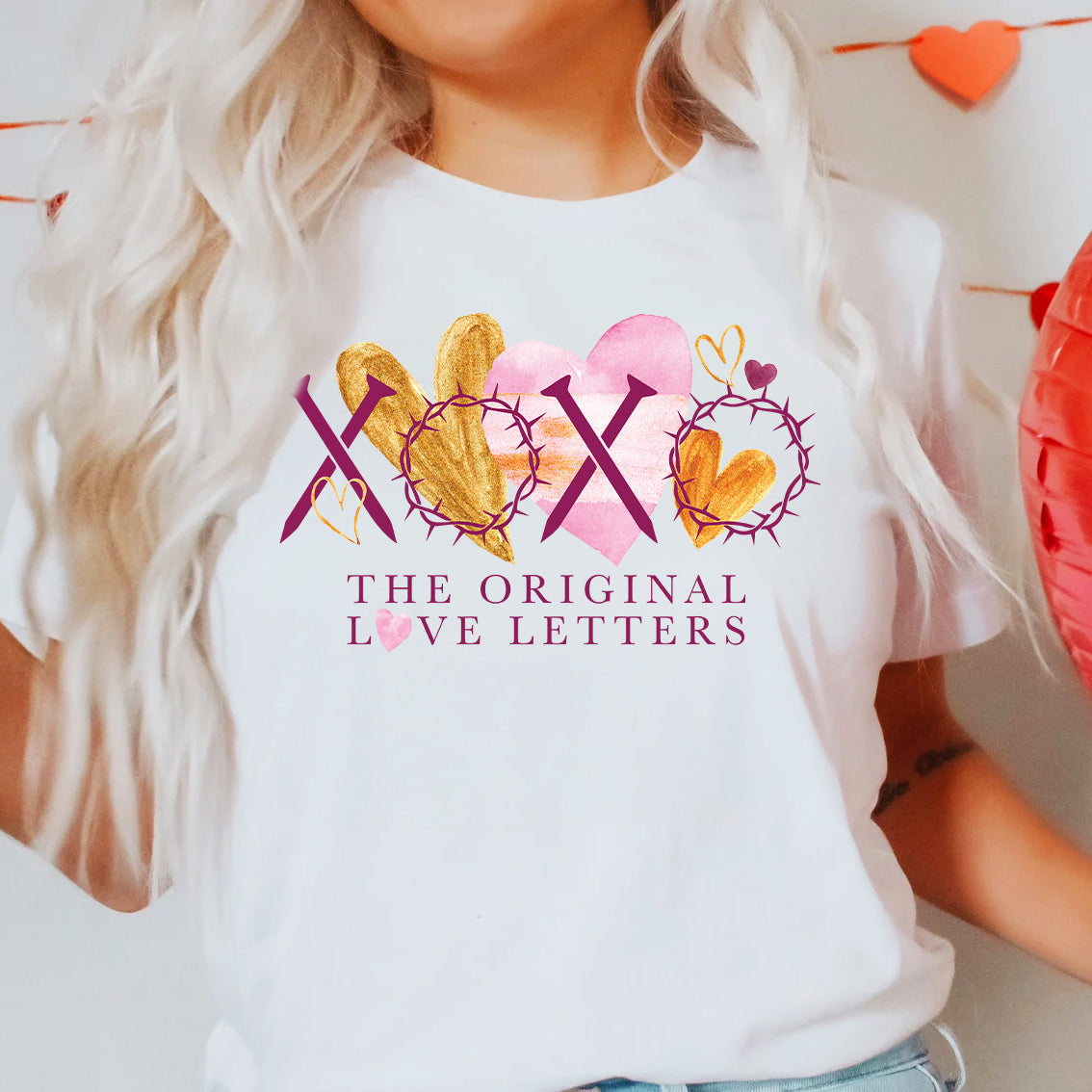 Valentine’s Day Christian Shirt | XOXO The Original Love Letters with Nails & Crown of Thorns | Gold & Pink Watercolor Hearts