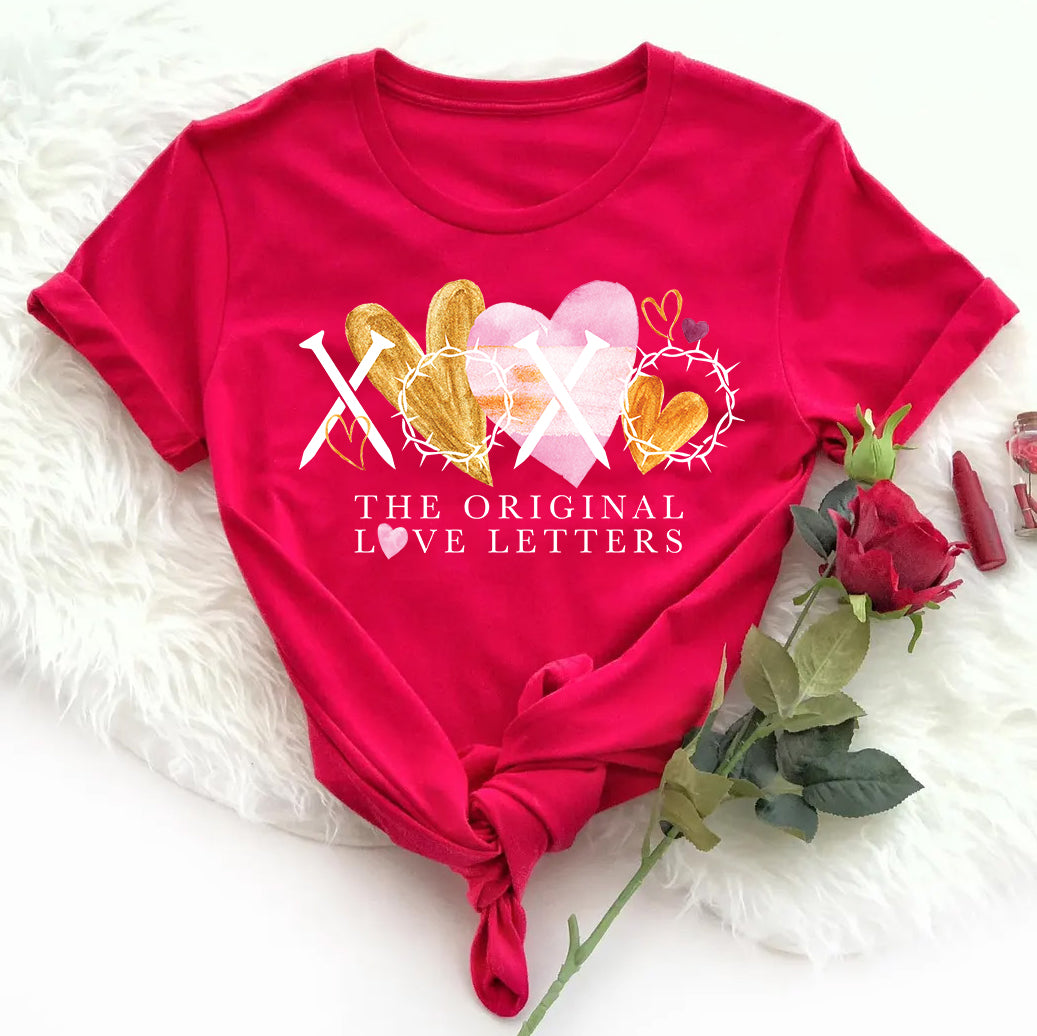 Valentine’s Day Christian Shirt | XOXO The Original Love Letters with Nails & Crown of Thorns | Gold & Pink Watercolor Hearts
