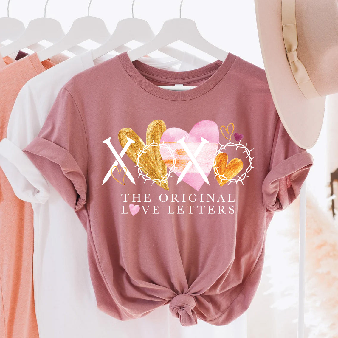 Valentine’s Day Christian Shirt | XOXO The Original Love Letters with Nails & Crown of Thorns | Gold & Pink Watercolor Hearts