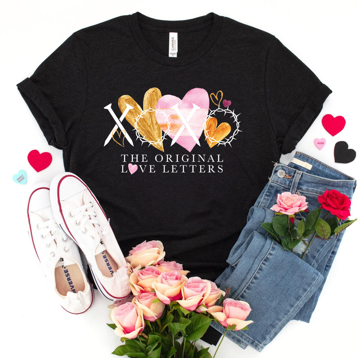 Valentine’s Day Christian Shirt | XOXO The Original Love Letters with Nails & Crown of Thorns | Gold & Pink Watercolor Hearts