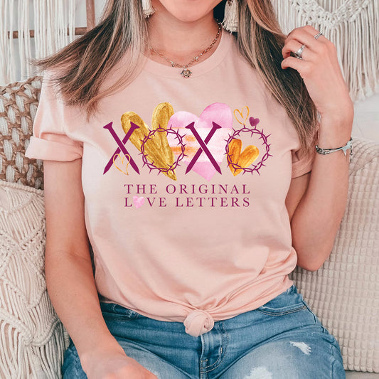 Valentine’s Day Christian Shirt | XOXO The Original Love Letters with Nails & Crown of Thorns | Gold & Pink Watercolor Hearts