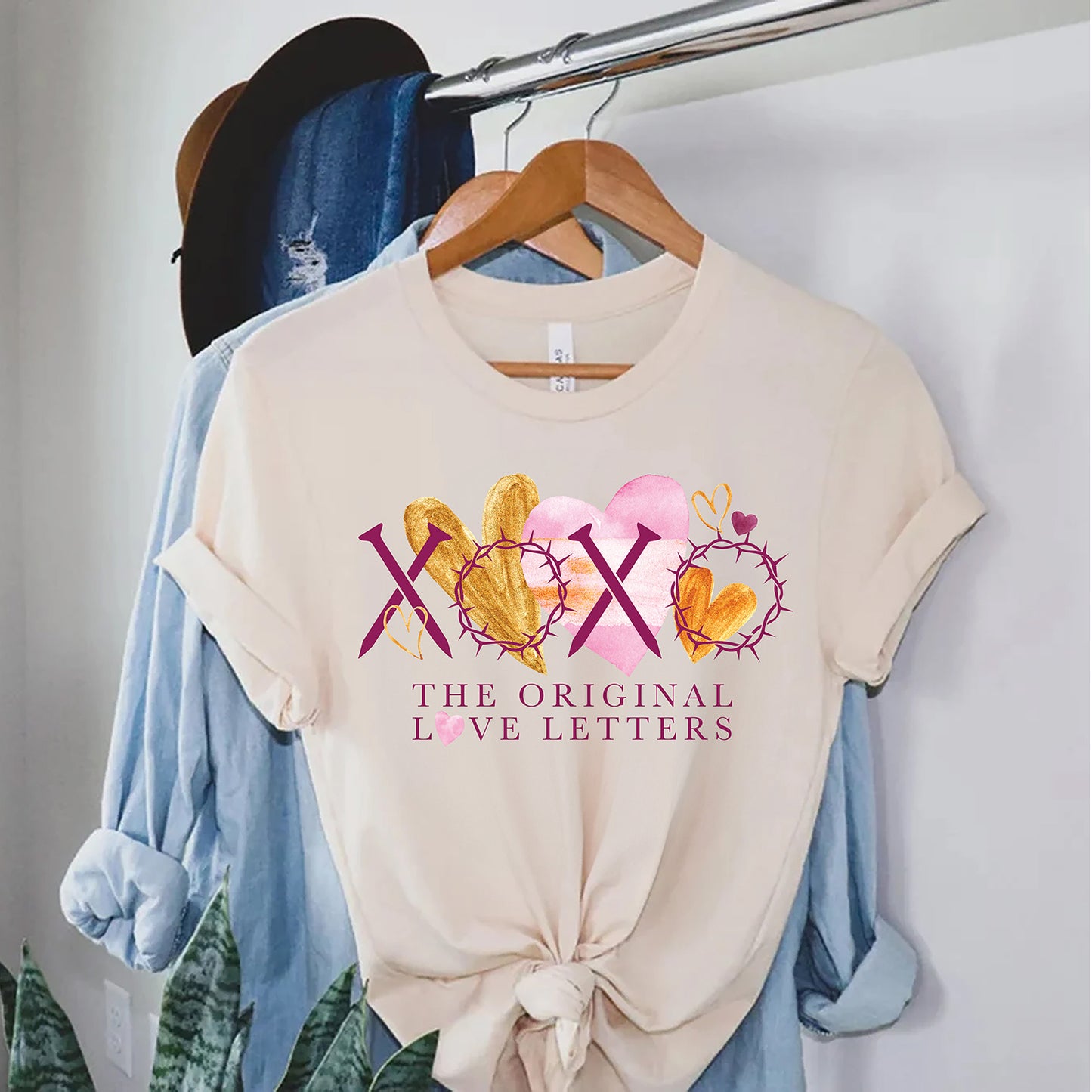 Valentine’s Day Christian Shirt | XOXO The Original Love Letters with Nails & Crown of Thorns | Gold & Pink Watercolor Hearts