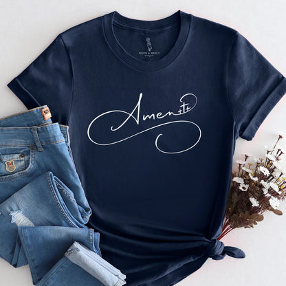 Amen Calligraphy Shirt with Three Crosses | Christian Apparel
