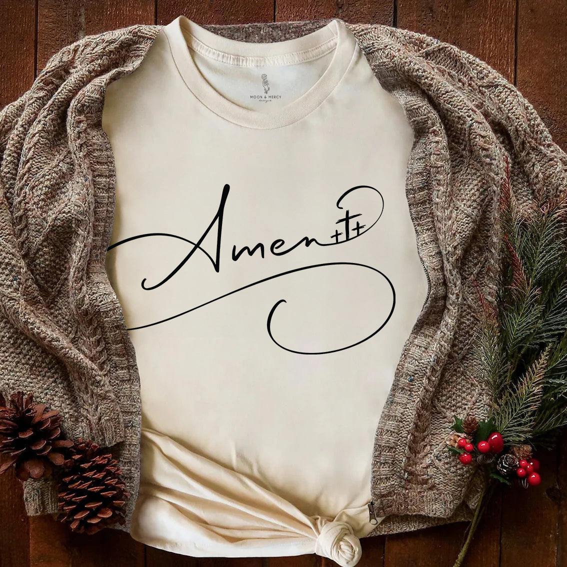 Amen Calligraphy Shirt with Three Crosses | Christian Apparel