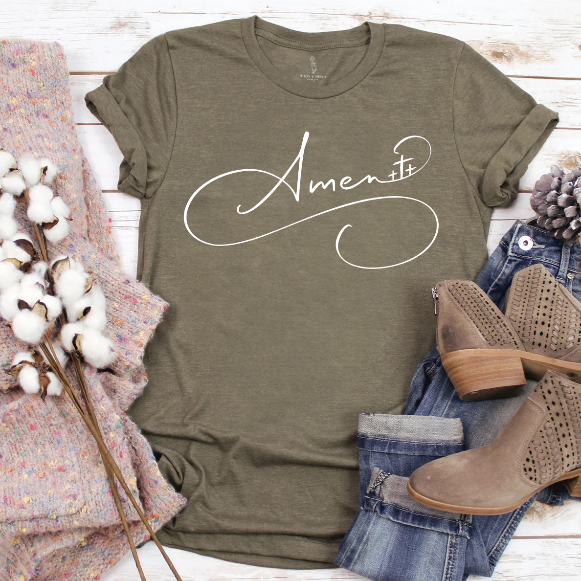 Amen Calligraphy Shirt with Three Crosses | Christian Apparel