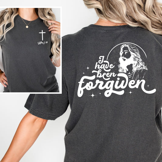 Forgiven Christian Shirt with Jesus Graphic | 1 John 1:9 Cross Bible Verse Reference